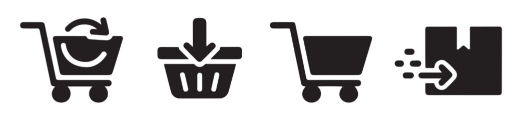 Set of shopping cart icons, collection of black supermarket trolleys, flat design, vector. © Suraiyajannat