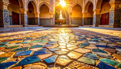 Obraz premium Colorful mosaic tiles arranged in intricate geometric patterns indoors.