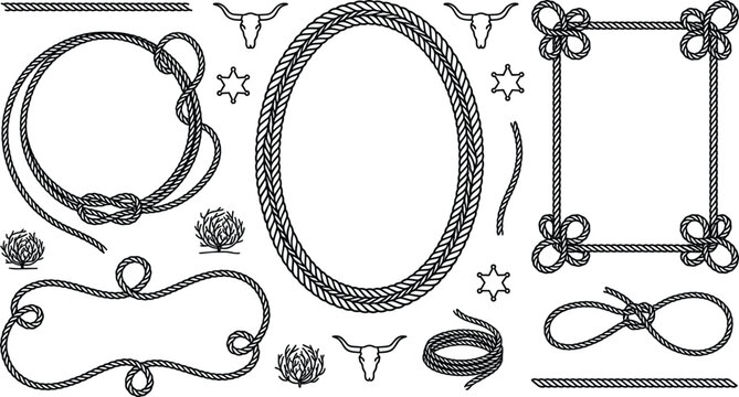 Western rope frame vector set with cowboy lasso borders bull skulls sheriff stars and tumbleweed design elements.