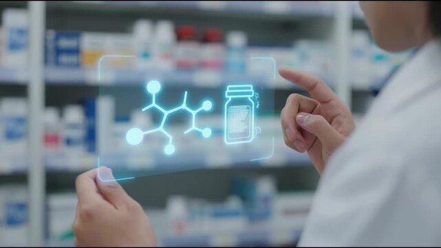 Pharmacist doctor hand with digital telemedicine consultation interface hologram and online pharmacy prescription medicine patient medication data service remote health advice system.