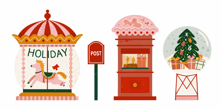 Carousel Snowglobe Red Postbox And Christmas Tree In Glass Globe Illustration