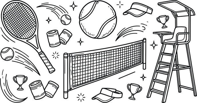 Tennis vector element set with rackets, balls, court net, umpire chair, visors, and tournament championship trophies.