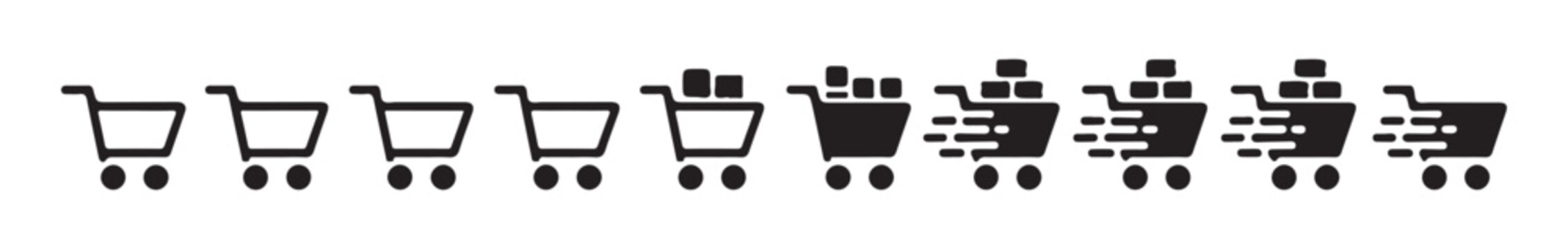 Collection of shopping cart icons showing progress from empty to full with fast delivery speed effect.
