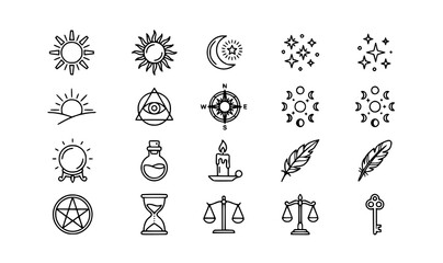 Minimal solar esoteric icon set sun symbols magic objects thin line vector EPS 10 © Md Monirul
