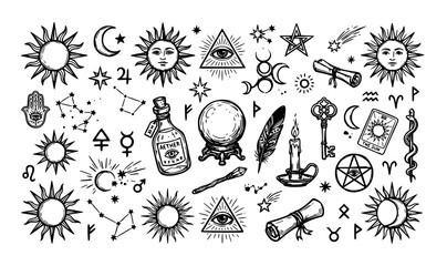 Solar mystical doodle set esoteric sun symbols magic objects hand drawn vector EPS © Md Monirul