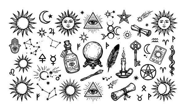 Solar mystical doodle set esoteric sun symbols magic objects hand drawn vector EPS