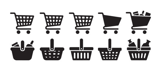 Supermarket cart and shopping basket icons set for digital commerce platform design elements isolated. © Suraiyajannat