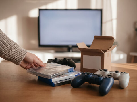 Hand organizing video games near a blank TV screen mockup
