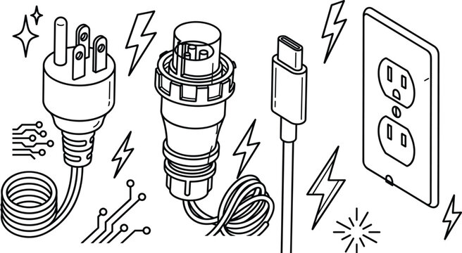 Electrical plug vector set with power outlets, industrial connectors, charging cables, lightning bolts, and circuit board elements.