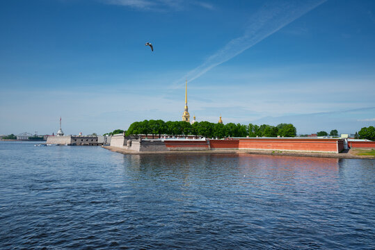 View on Trubetskoy Bastion and Peter-Pavel Cathedral at Zayachy(Rabbit) Island in Saint-Petersburg, Russia