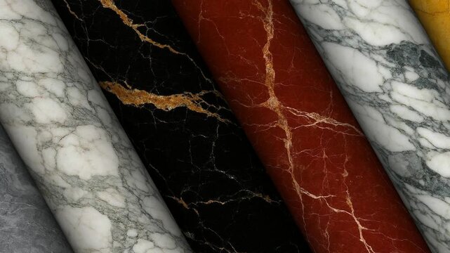 Continuous rotation of columns made from exclusive marble emphasizing elegant stone texture refined mineral patterns and luxurious appeal