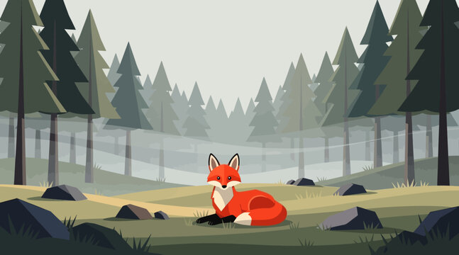Artistic Flat Design Fox Sitting in Misty Forest Landscape