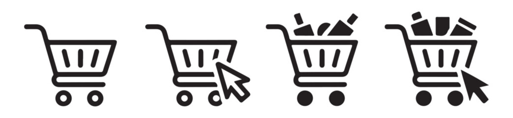 Shopping cart black outline icon set, add to cart with cursor, full and empty trolley symbol. © Suraiyajannat