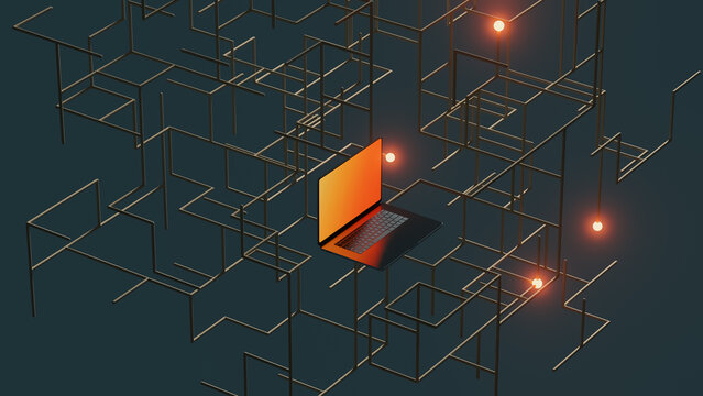 Futuristic data flow cube with a laptop and network elements