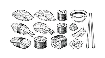 Hand-drawn Sushi and Sashimi Set with Chopsticks and Soy Sauce Bowl Vector Illustration © Rafia