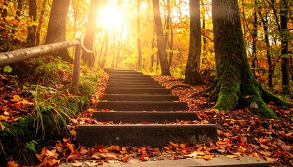 Naklejka premium A serene forest path with wooden steps leading upwards, surrounded by autumn foliage and warm sunlight filtering through trees