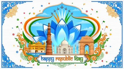 Obraz premium Indian republic day illustration with landmarks and air force jets