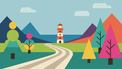 Fototapeta premium Colorful flat geometric landscape featuring winding road leading to striped lighthouse surrounded by trees and mountains.
