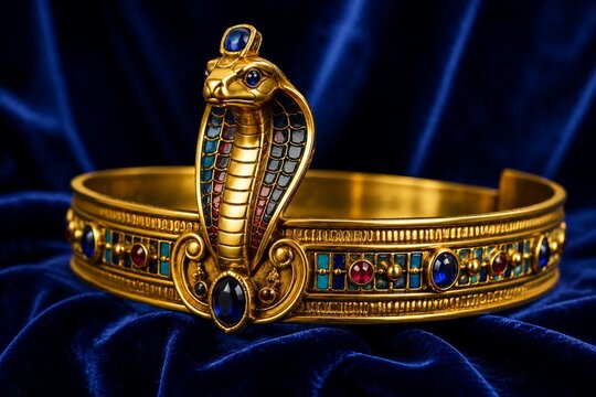 Golden uraeus crown with cobra motif on blue velvet, luxurious and regal.
