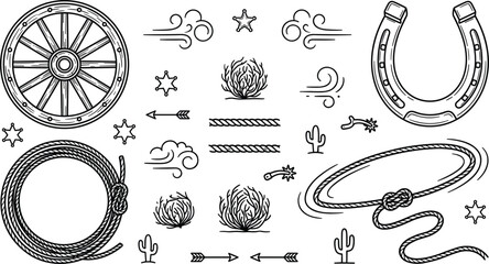 Wild West cowboy element vector set featuring vintage wagon wheel lasso rope horseshoe tumbleweed arrows and desert cactus. © MstLaky