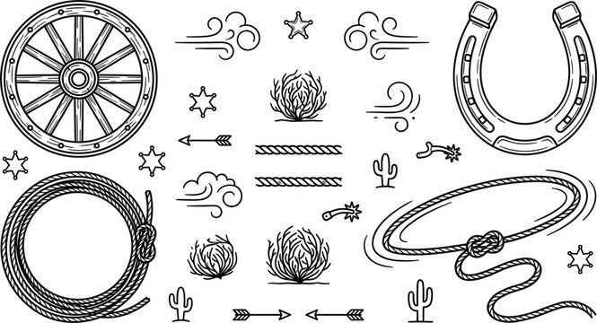 Wild West cowboy element vector set featuring vintage wagon wheel lasso rope horseshoe tumbleweed arrows and desert cactus.