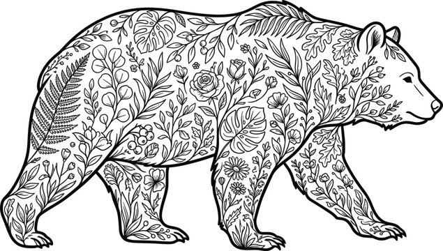 Floral grizzly bear silhouette filled with botanical line art leaves flowers fern rose on white background
