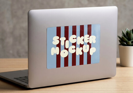 Laptop Sticker Mockup on Wooden Desk Workspace