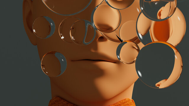 Human face with floating glass sphere in surreal setting