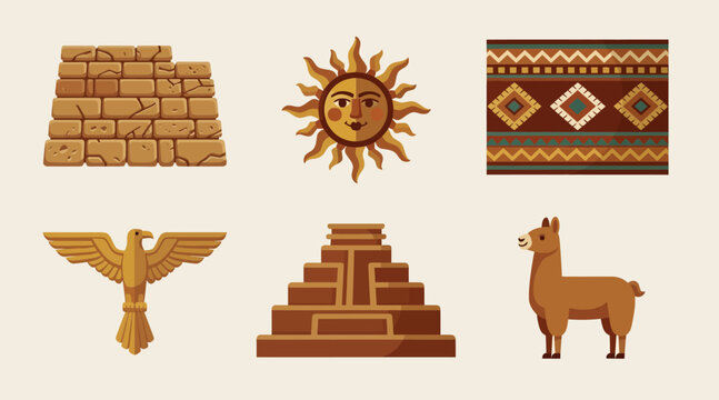 Ancient Civilization Icons: Sun, Llama, Pyramid, Eagle, Wall, Textile