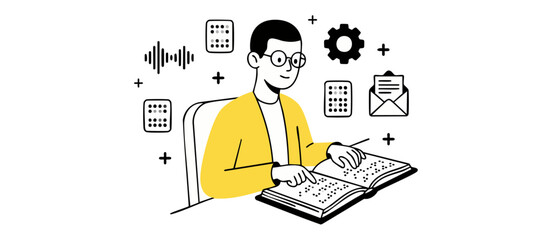 Obraz premium Blind man reading braille book with audio wave and message icon, minimalist line art vector illustration representing accessibility, inclusive learning, communication systems, and aids study concepts.