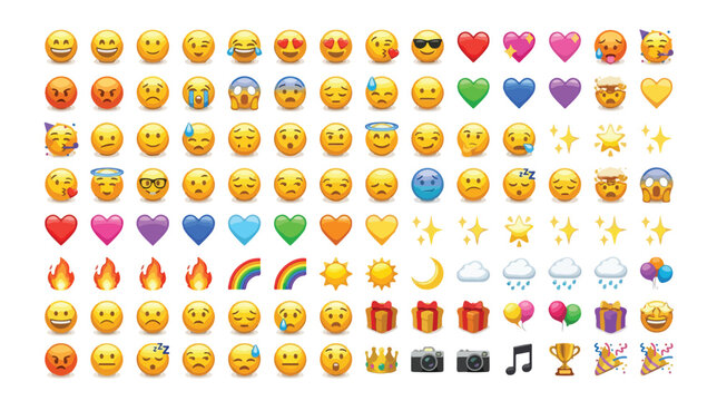 Comprehensive emoji vector collection, diverse yellow emoticons expressing various emotions and reactions, social media communication icons, digital messaging symbols