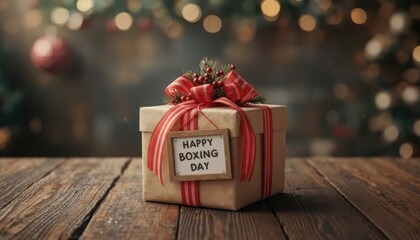 A rustic gift box with a red ribbon and happy boxing day sign