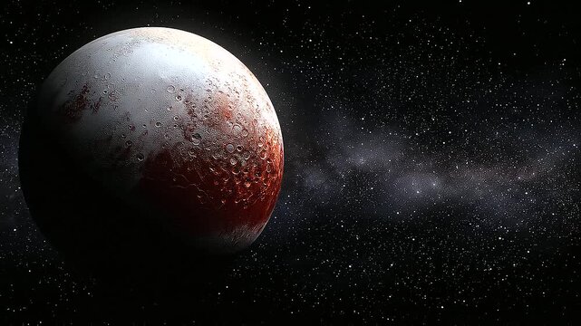 Detailed cosmic scene of Pluto drifting in vast dark space, rugged icy terrain with craters and frost patterns, red and white surface contrast, outer solar system scientific visualization, high-resolu