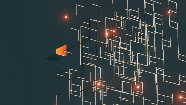 Futuristic data flow cube with a laptop and network elements