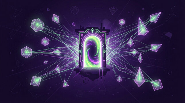 Glowing magical portal gateway connecting floating geometric crystals in a cosmic void with vibrant neon light streams for sci fi fantasy concept art
