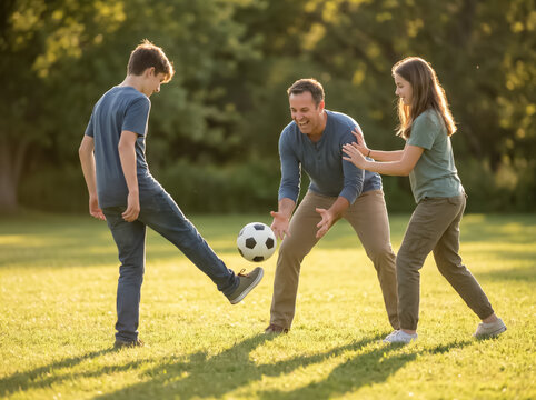 Happy father and teenage kids playing soccer in a sunny park