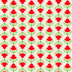Fototapeta premium Vibrant red flower motifs arranged in a repetitive vertical pattern with thin green stems against a soft cream background create a stylish retro inspired textile design for modern home decor