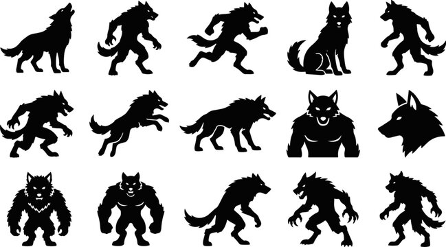 Collection of 15 unique werewolf and wolf silhouettes in various poses and styles