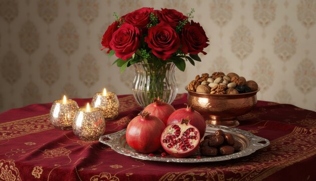 Festive yalda night celebration table with pomegranates and roses