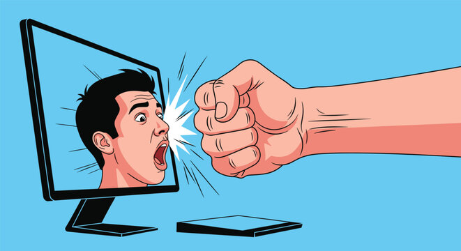 Conceptual illustration of a giant fist emerging from a computer screen to hit a shocked man, depicting cyberbullying and online aggression.