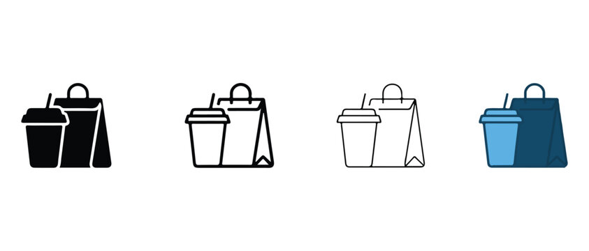 disposable cup with straw and paper bag on white background  fast food and drink packaging