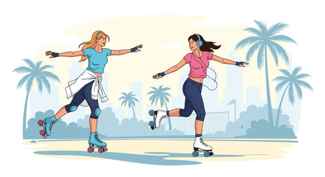 Two cheerful young women enjoy roller skating along a sunny tropical beach boardwalk lined with palm trees and a city skyline.