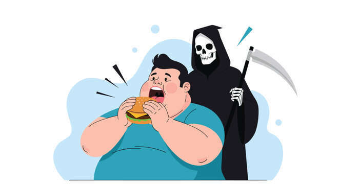 Grim Reaper stands ominously behind a morbidly obese man who is ravenously eating a large hamburger in a conceptual health illustration.