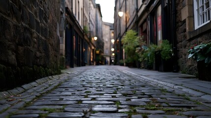 A narrow cobblestone alley flanked by old stone buildings and potted plants under soft daylight © Bussakon