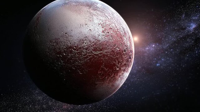 Dwarf Planet Pluto Floating in Deep Space, Realistic Icy World with Red and White Surface, Astronomy Science Background, Outer Solar System, Planetary Exploration, Cosmic Landscape