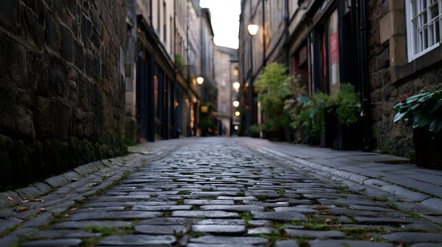 A narrow cobblestone alley flanked by old stone buildings and potted plants under soft daylight