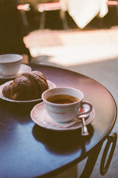 Espresso and Croissant on New York Street Shot on Film