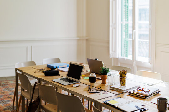 Office conference table setup for a teamwork meeting