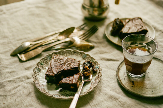 Brownies and Coffee on Linen Table Shot on Film