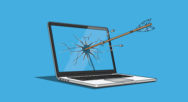 Laptop computer screen is shattered by a wooden arrow with blue feathers against a solid bright blue background.